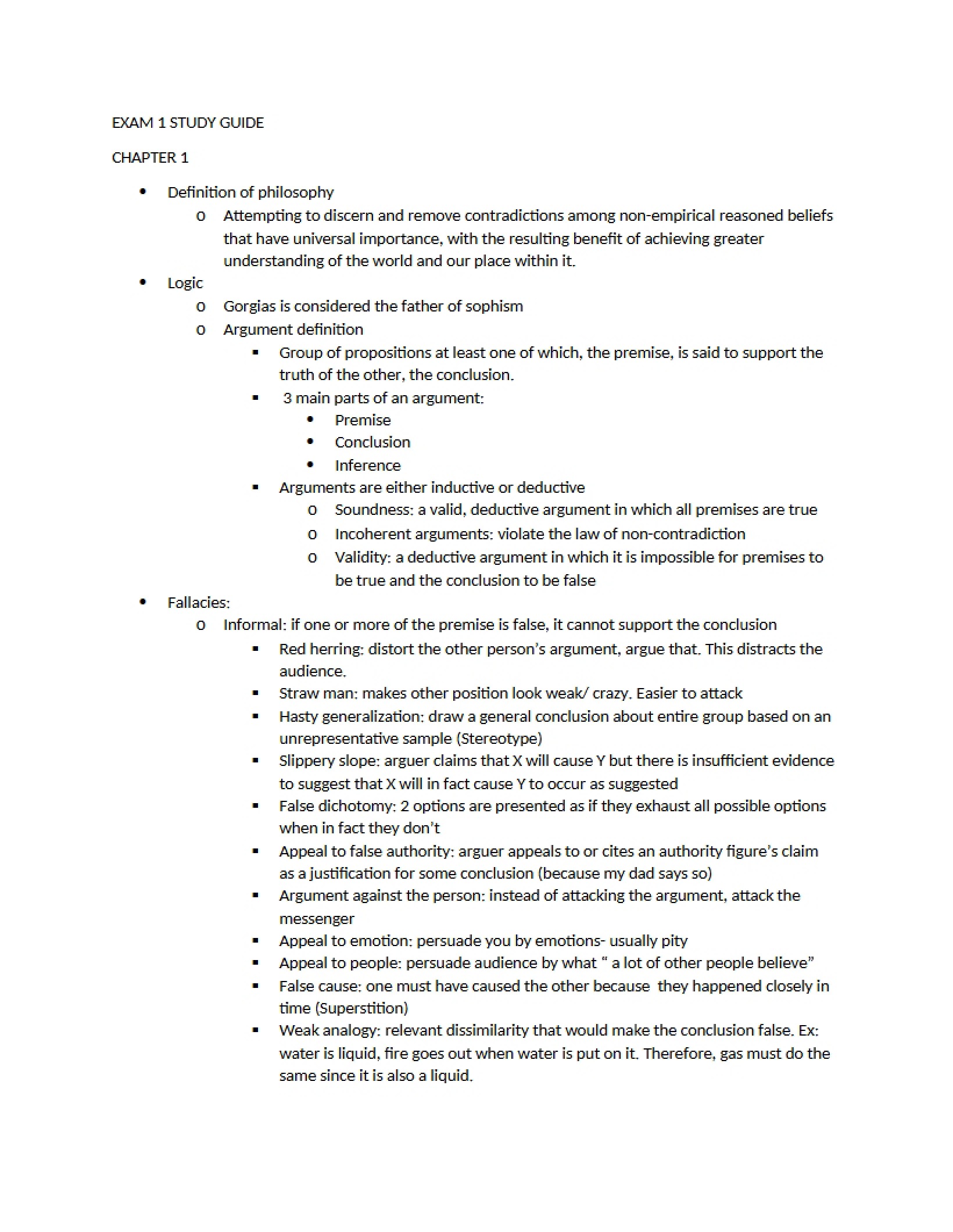 Guide for Philosophy Exam 1