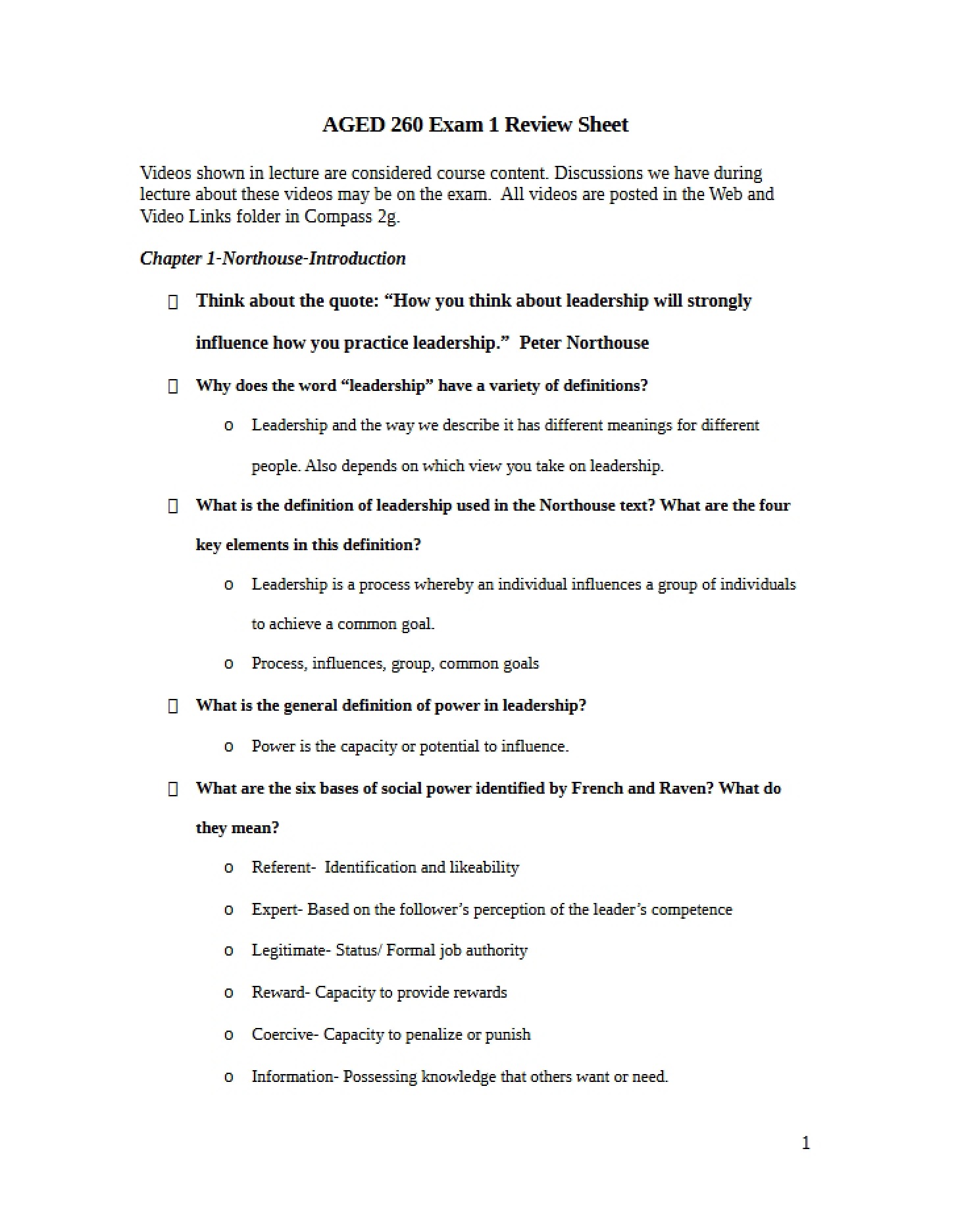 Review Sheet for First Exam