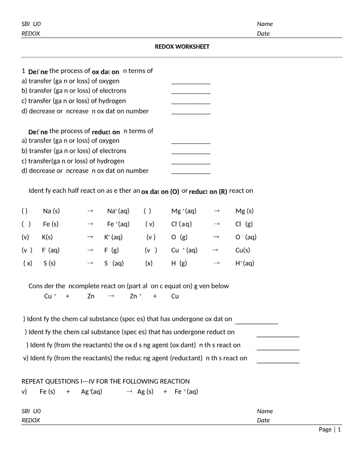 Worksheet and Answers for Redox