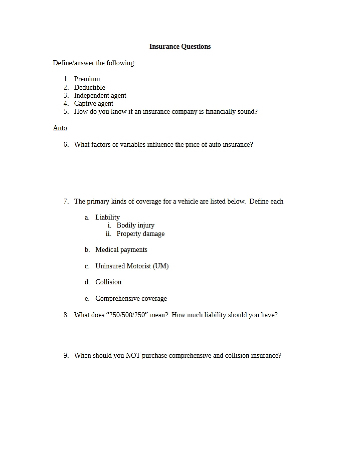 Questions on Insurance