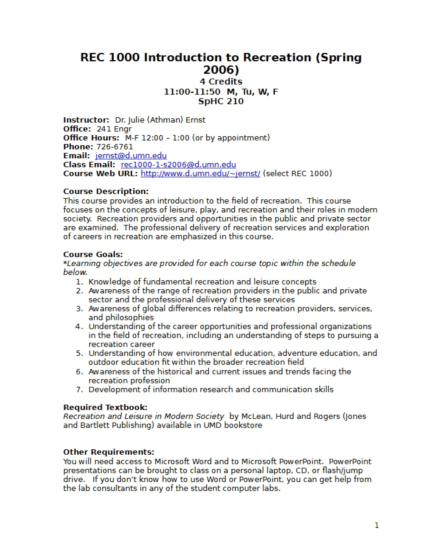 Syllabus for REC 1000