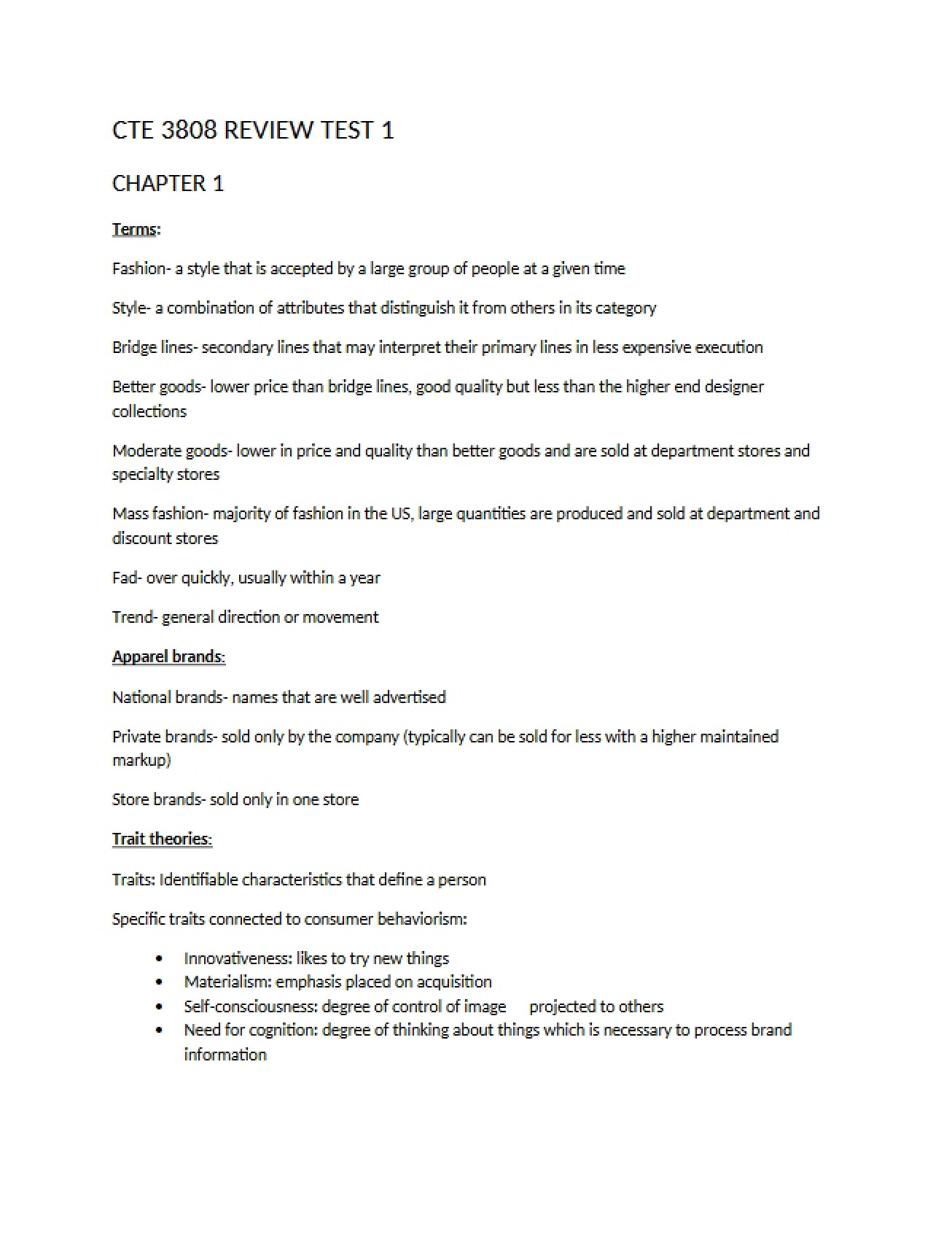 First Test Review for Consumer Studies