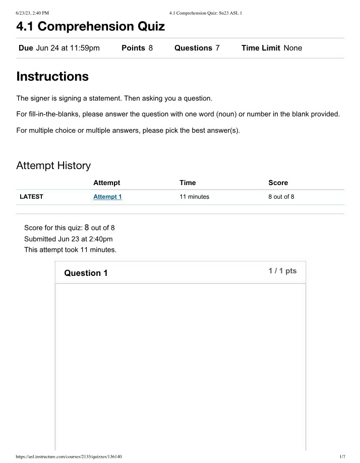 Comprehension Quiz for ASL 1