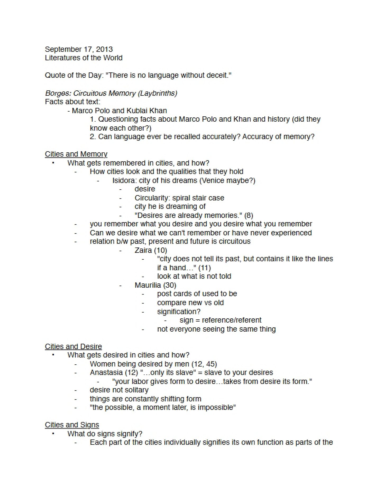 In-Class Notes Invisible Cities