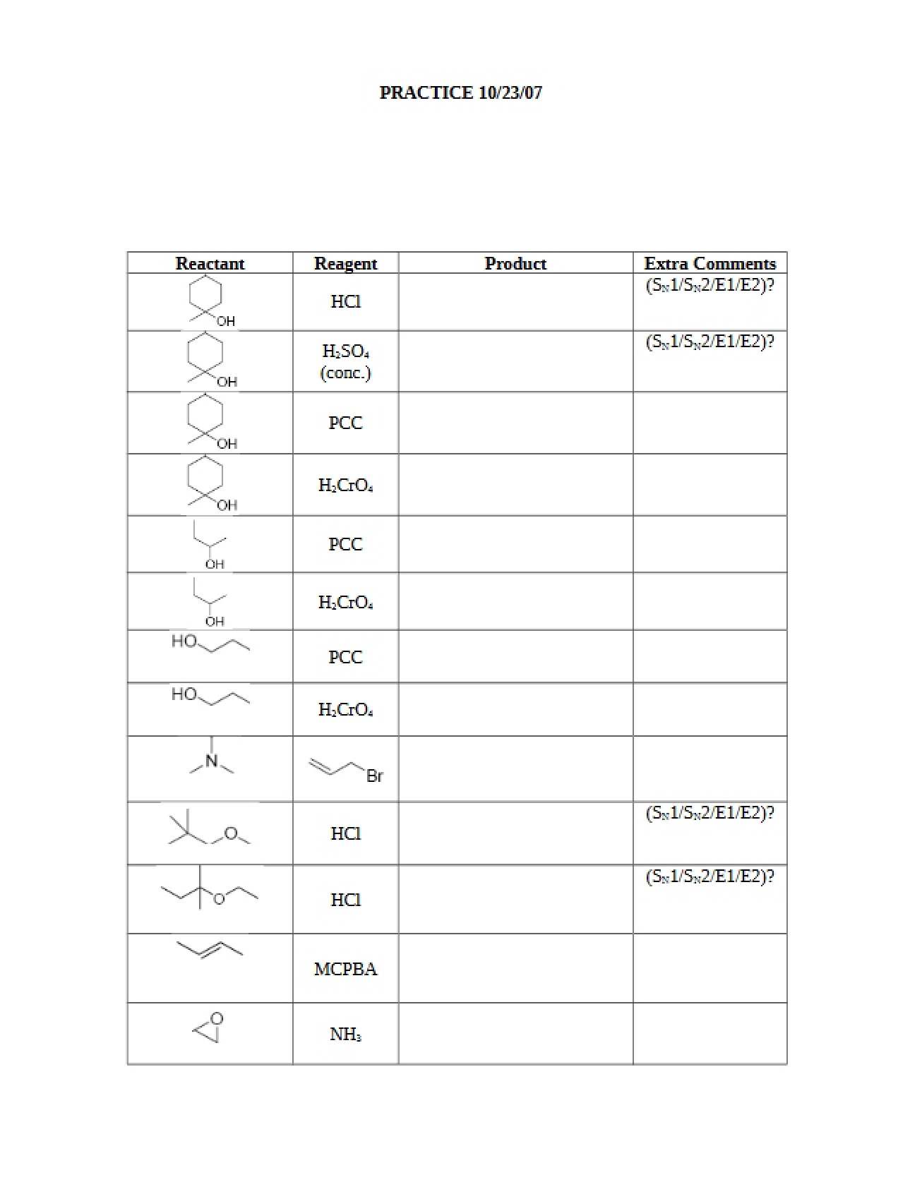 Set of Practice Questions for Organic Chemistry