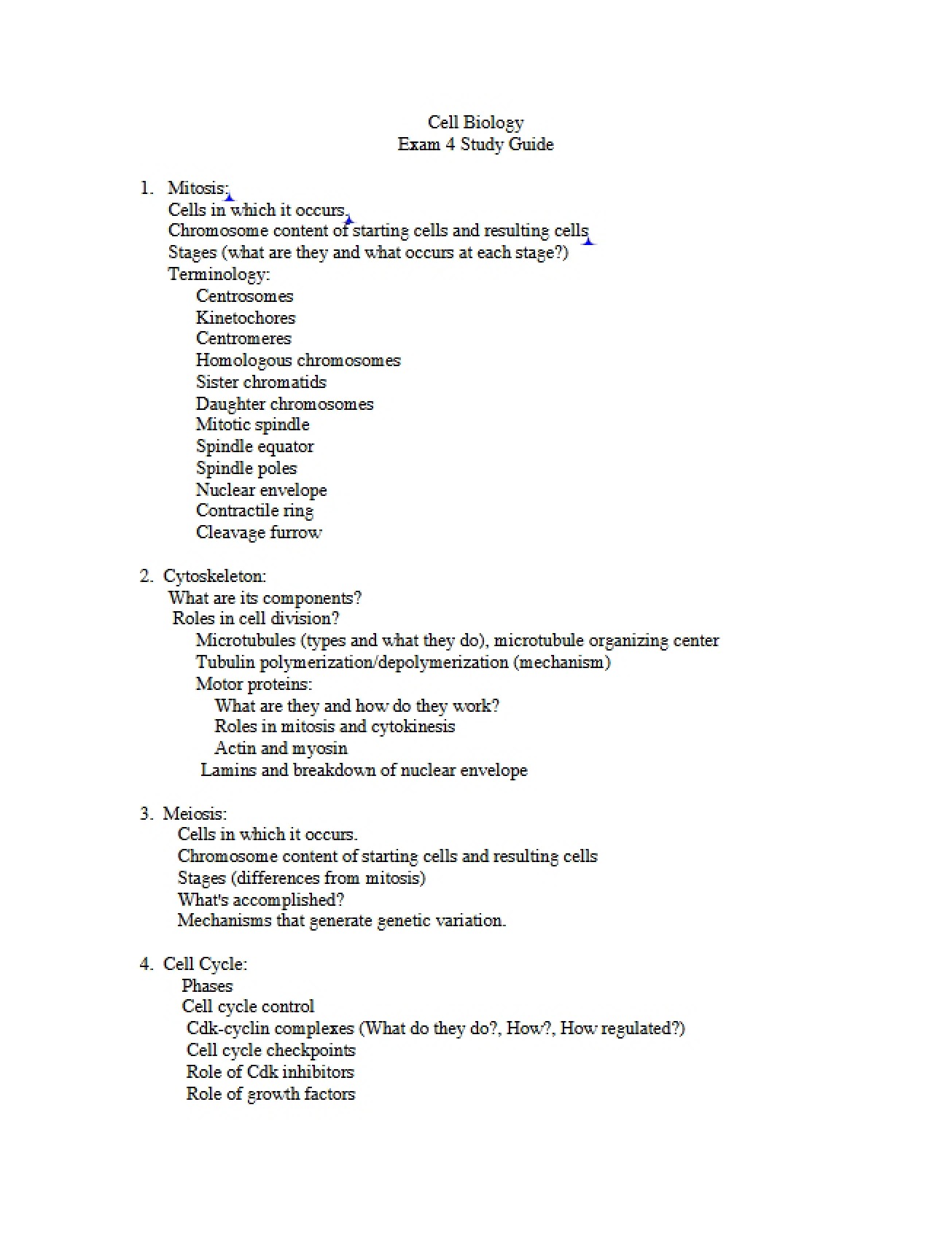 Study Guide for the Fourth Exam in a Cell Biology Course