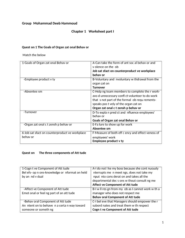 Worksheet - Organizational Behavior Goals and Productivity