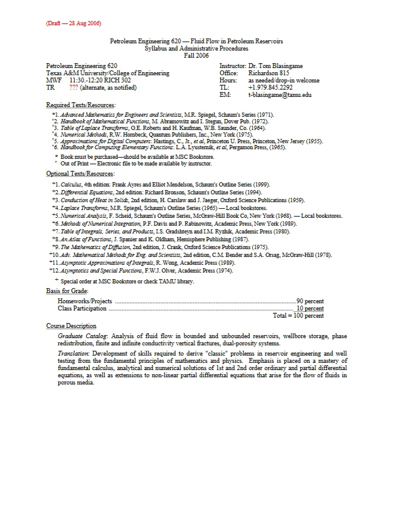 Syllabus for Section 620 (2006, Version C)