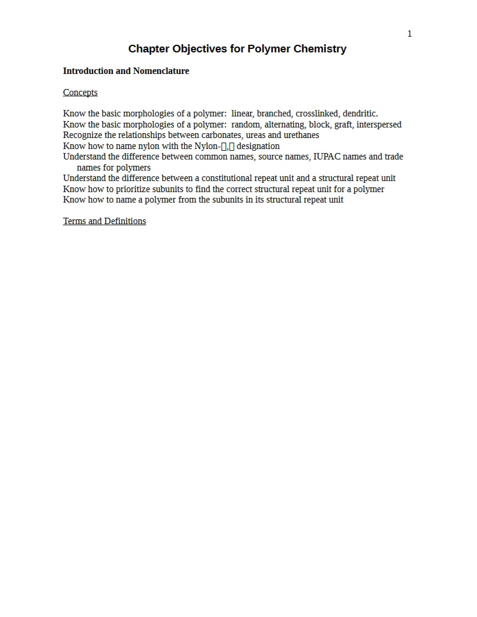 Polymer Chemistry Objectives