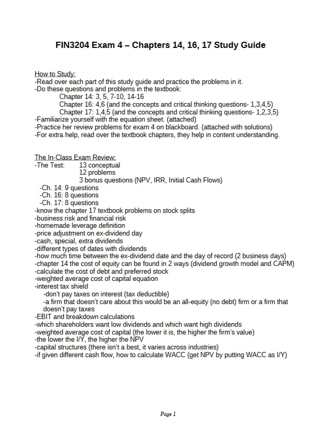 Materials for the Fourth Exam in Financial Management