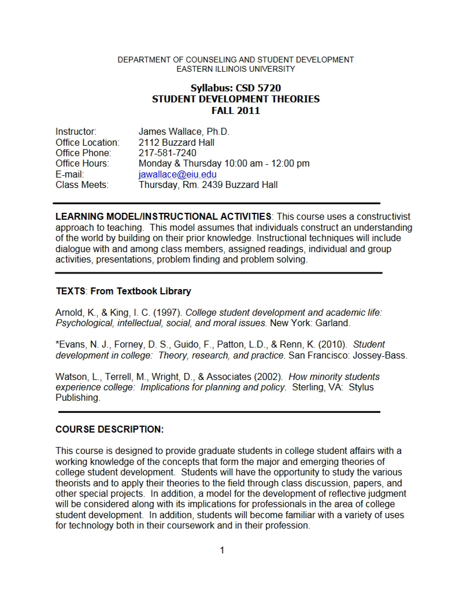 Student Development Theories Syllabus