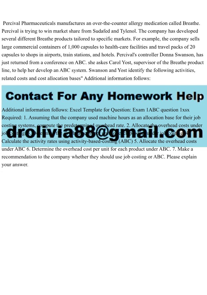 Percival Pharmaceuticals Exam 1ABC - Activity-Based Costing