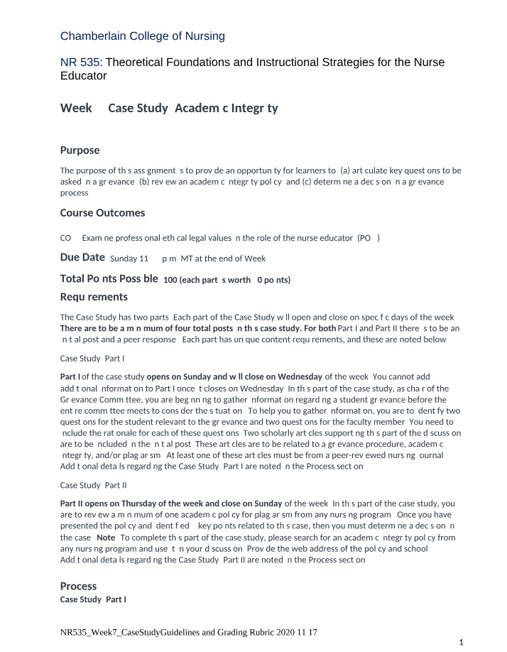 NR535 Week 7 - Case Study Guidelines and Grading Rubric