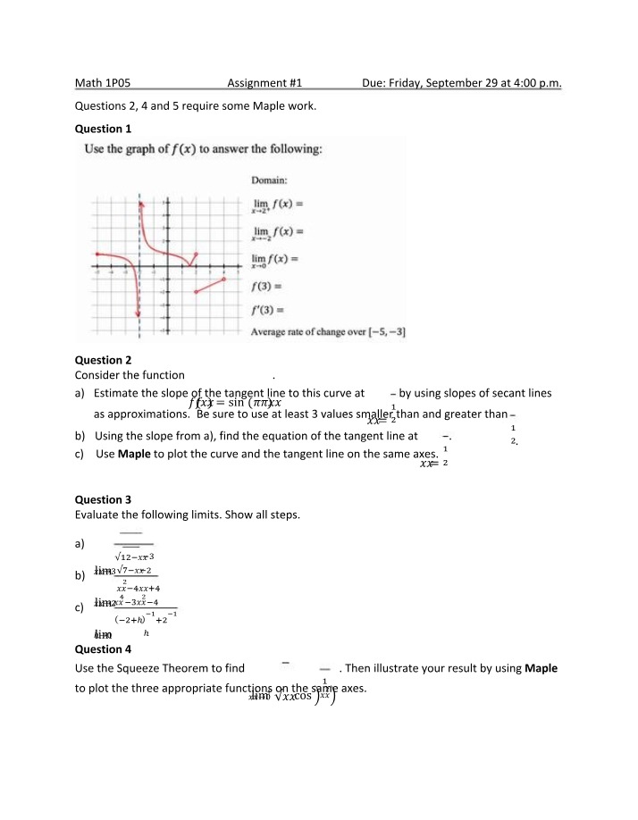 Tangent Lines, Limits, and Continuity - Math 1P05 Assignment 1