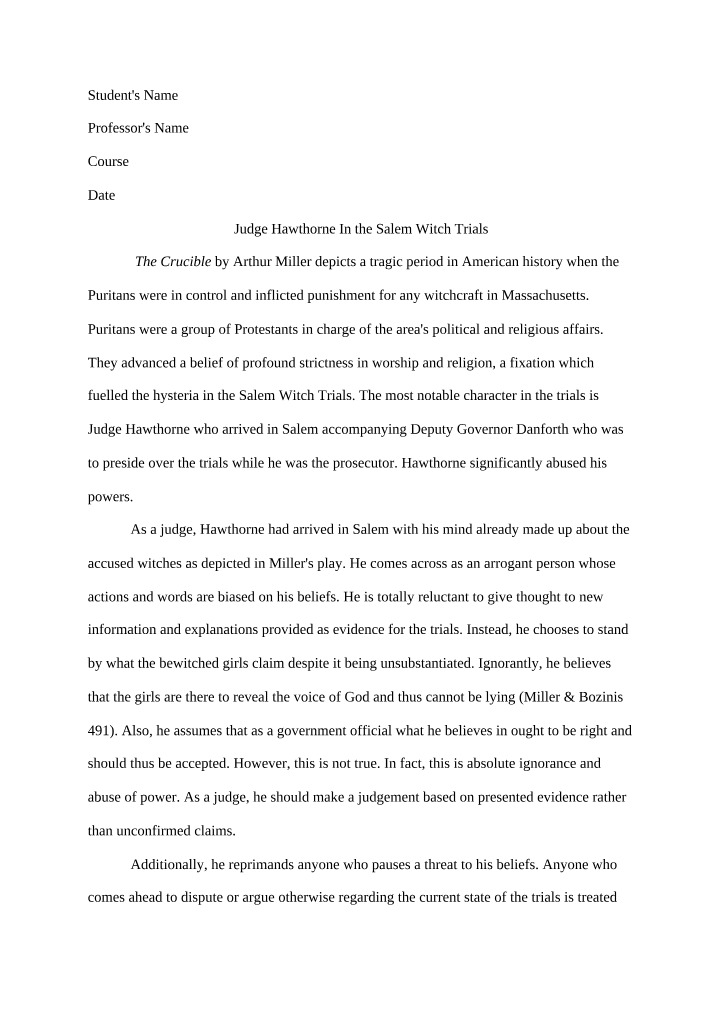 Judge Hawthorne in the Salem Witch Trials - Tragic Role