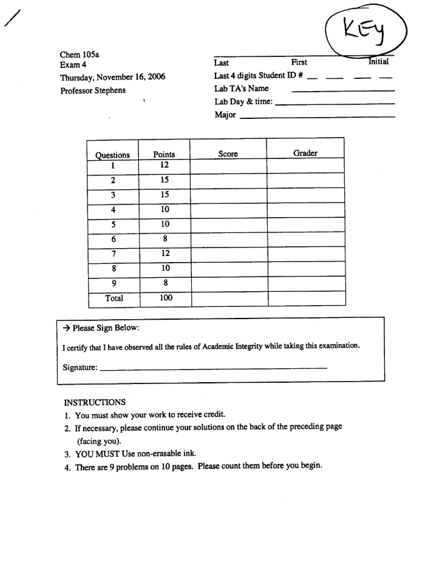 Key Exam 4 (105a F06)