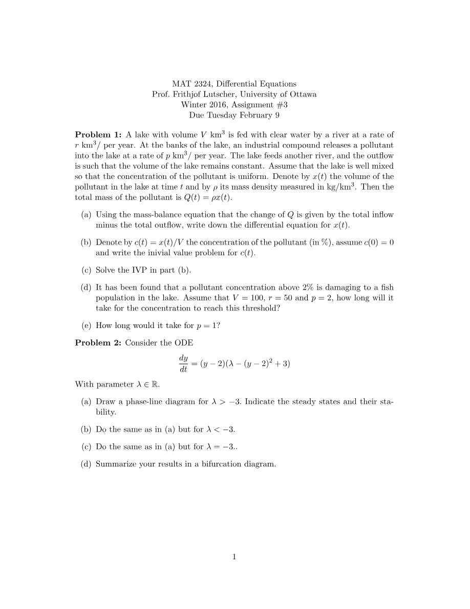 Assignment 3 - MAT 2324 Differential Equations (Winter 2016)