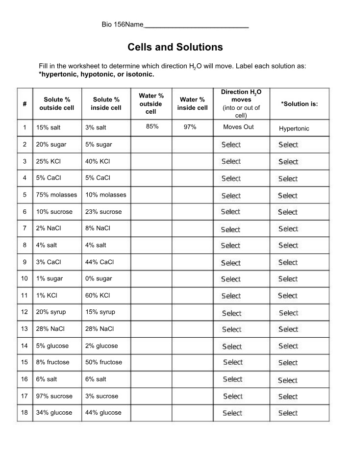 Worksheet on Cells and Solutions