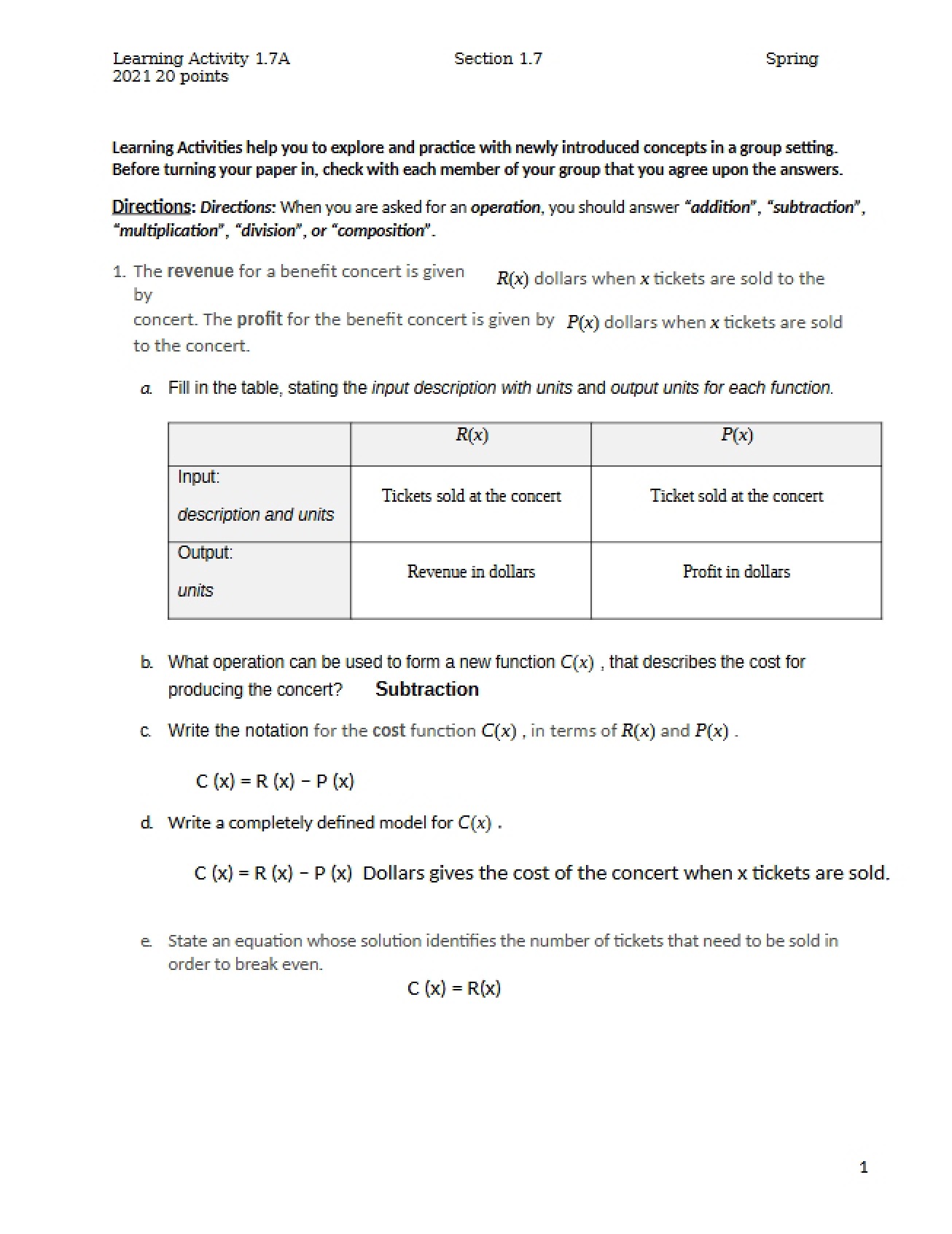 Constructed Functions - Learning Activity 1.7A