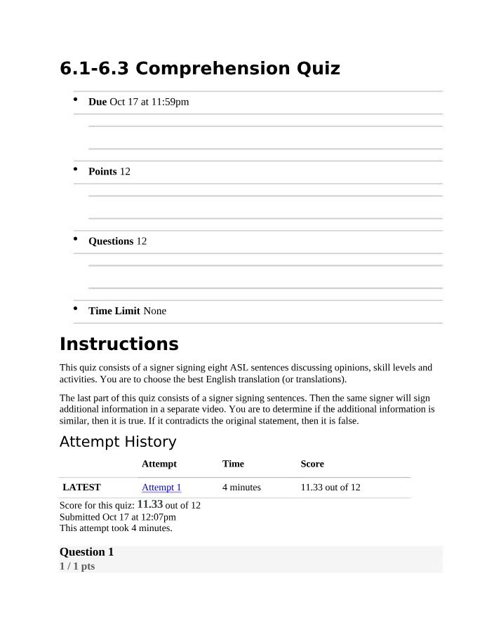 Comprehension Quiz - ASL Sentences and English Translations