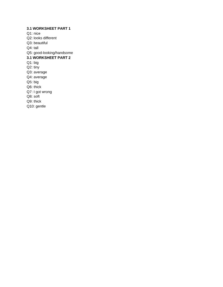 Worksheet - Descriptive Words for Physical Appearance