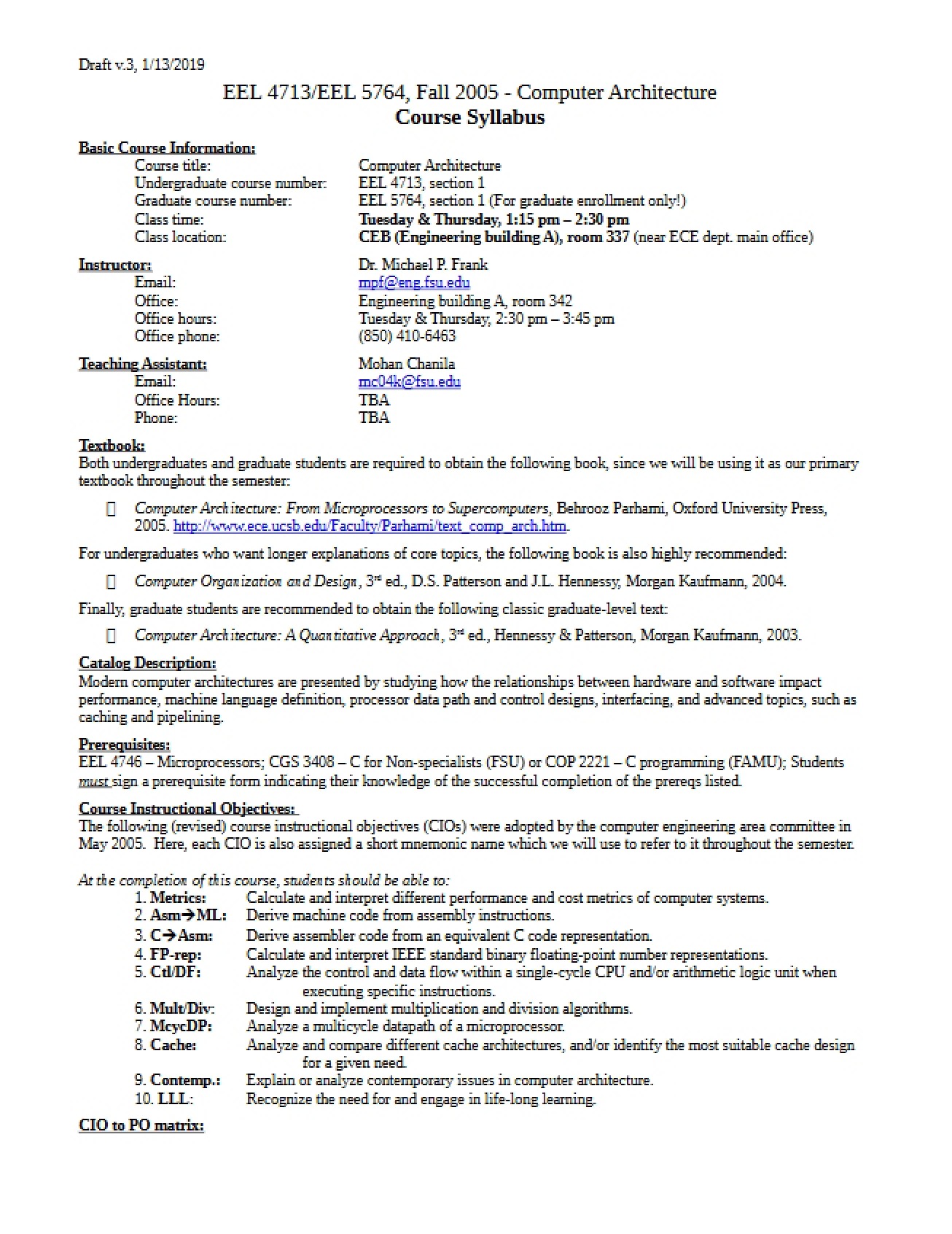 Computer Architecture Course Syllabus