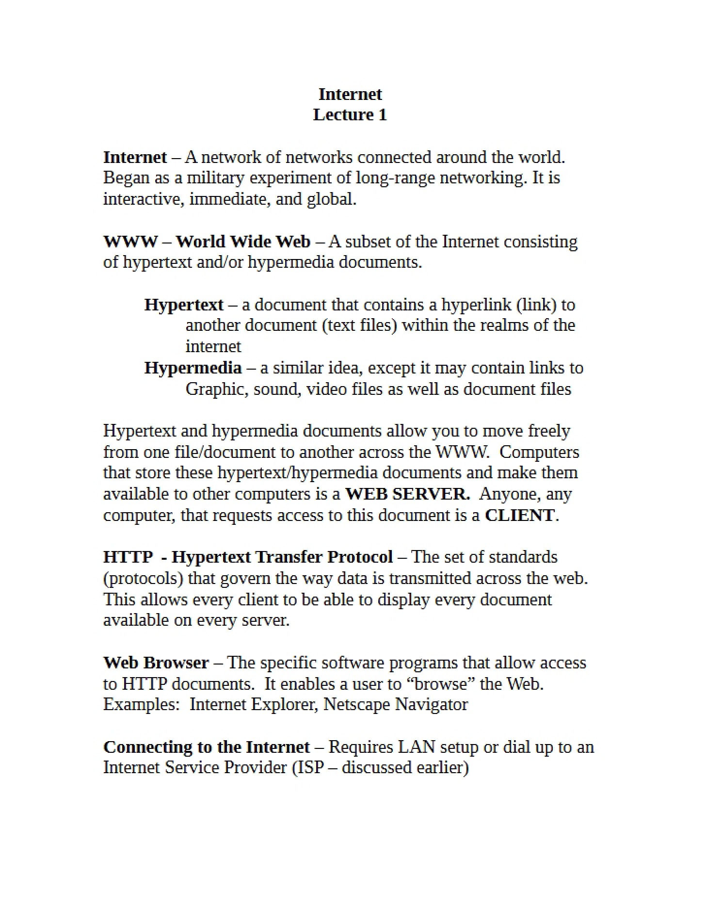 First Lecture on the Internet