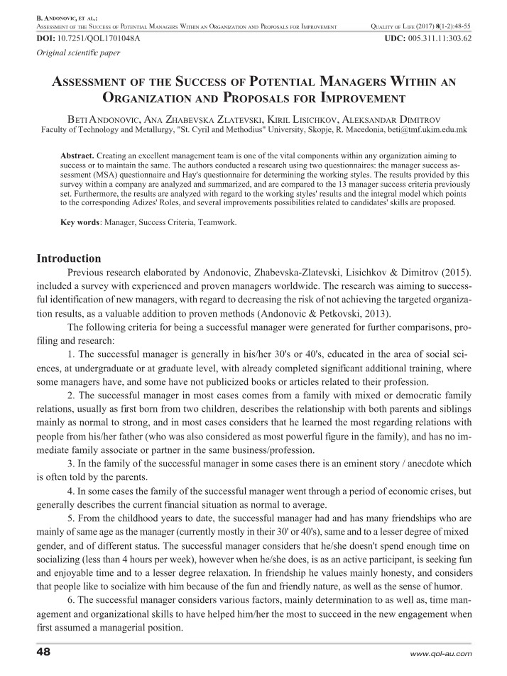 Assessment of Potential Organizational Managers