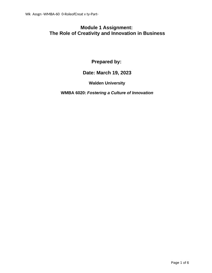 Module 1 Assignment - Creativity and Innovation in Business (Part 2)