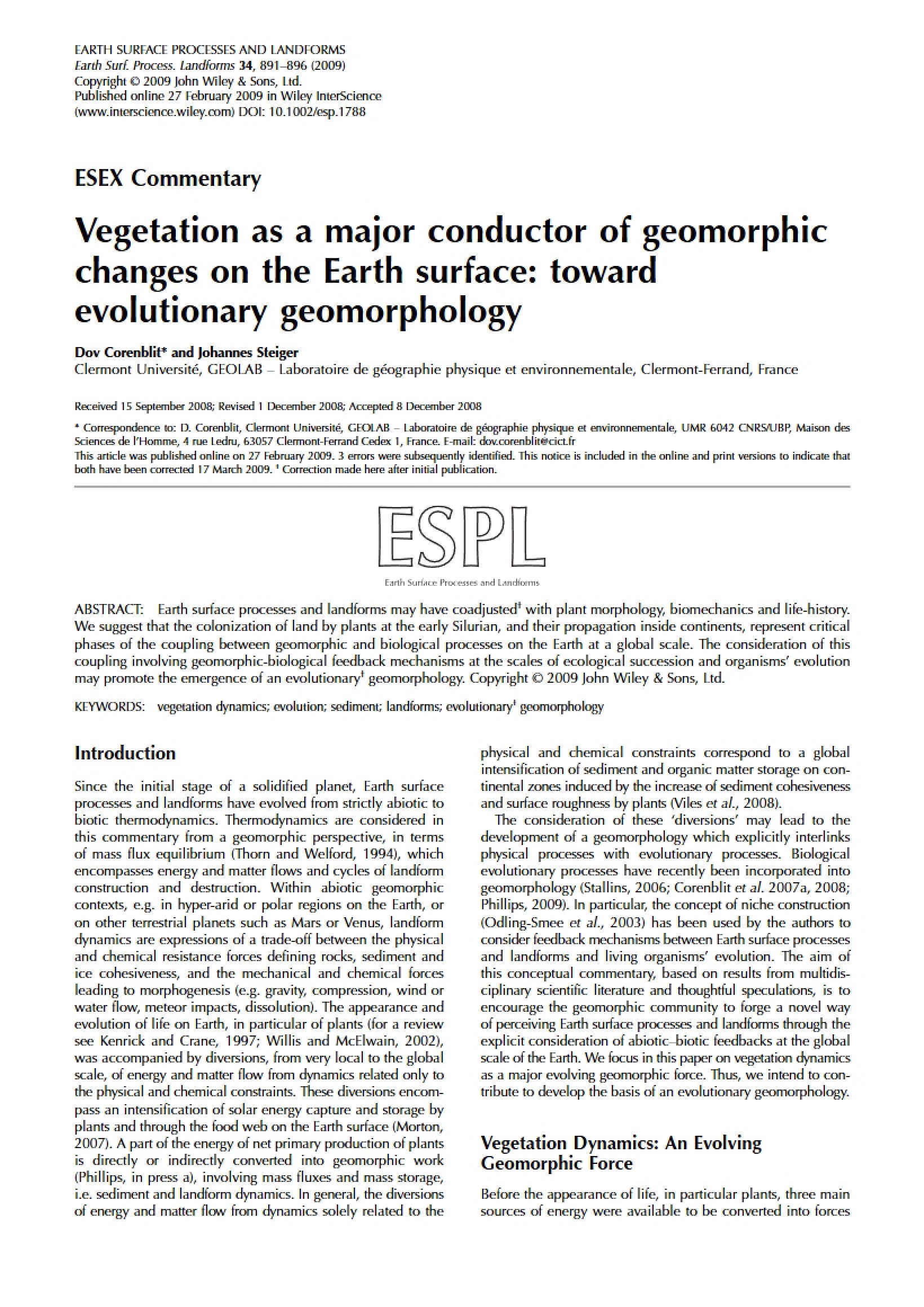 Earth Surface Geomorphic Changes Vegetation Role