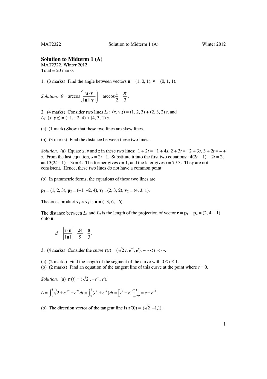 Winter 2012 Midterm 1 Solutions for MAT 2322A