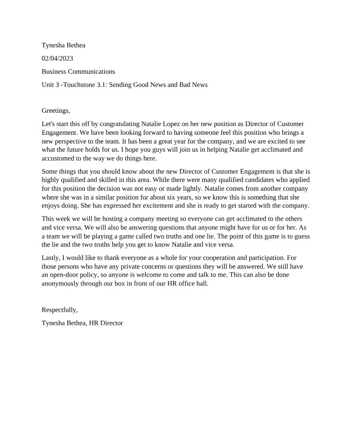 Welcoming Natalie Lopez - Sending Good and Bad News