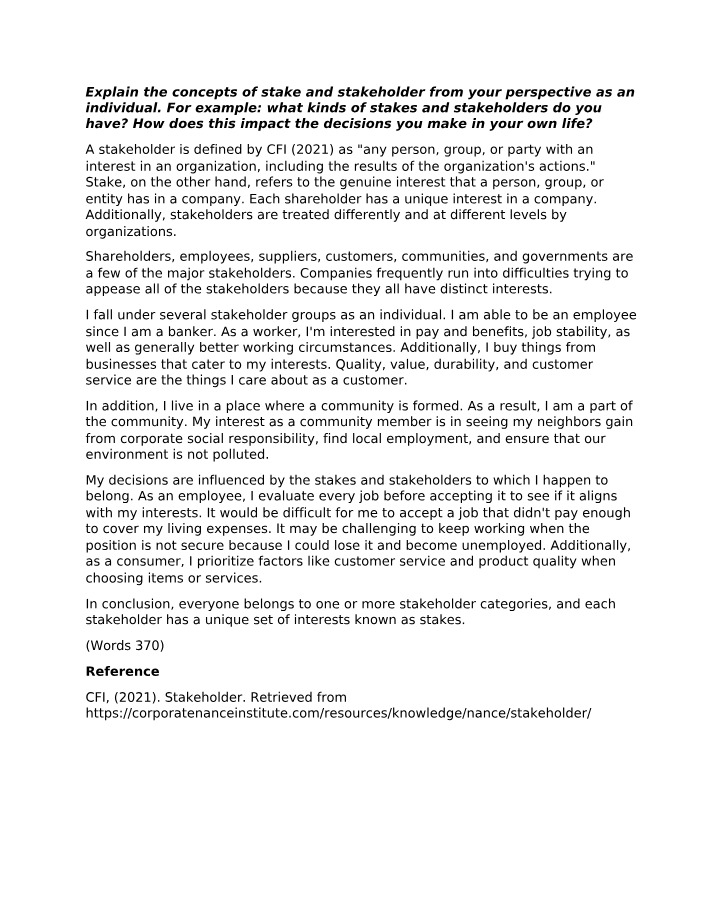 Stakes and Stakeholders - Impact on Decision-making
