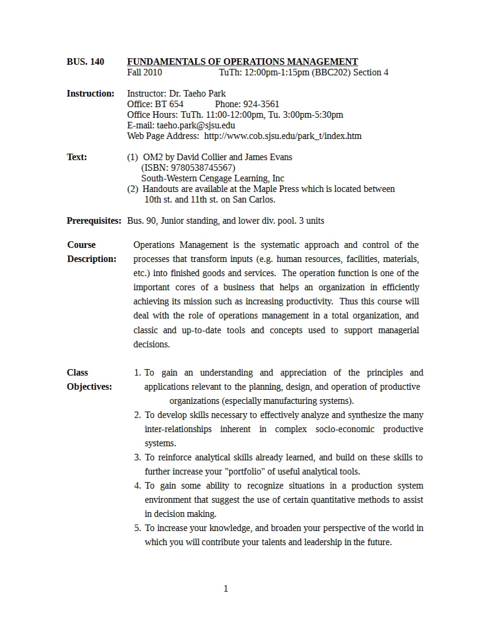 Syllabus Fundamentals of Operations Management