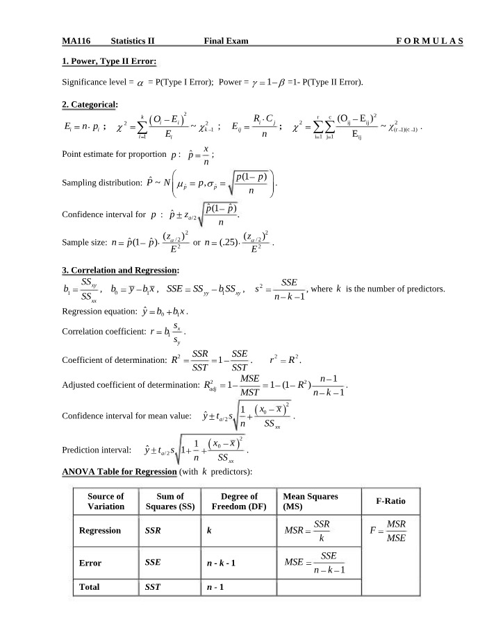 Final Exam Formulas for Statistics II