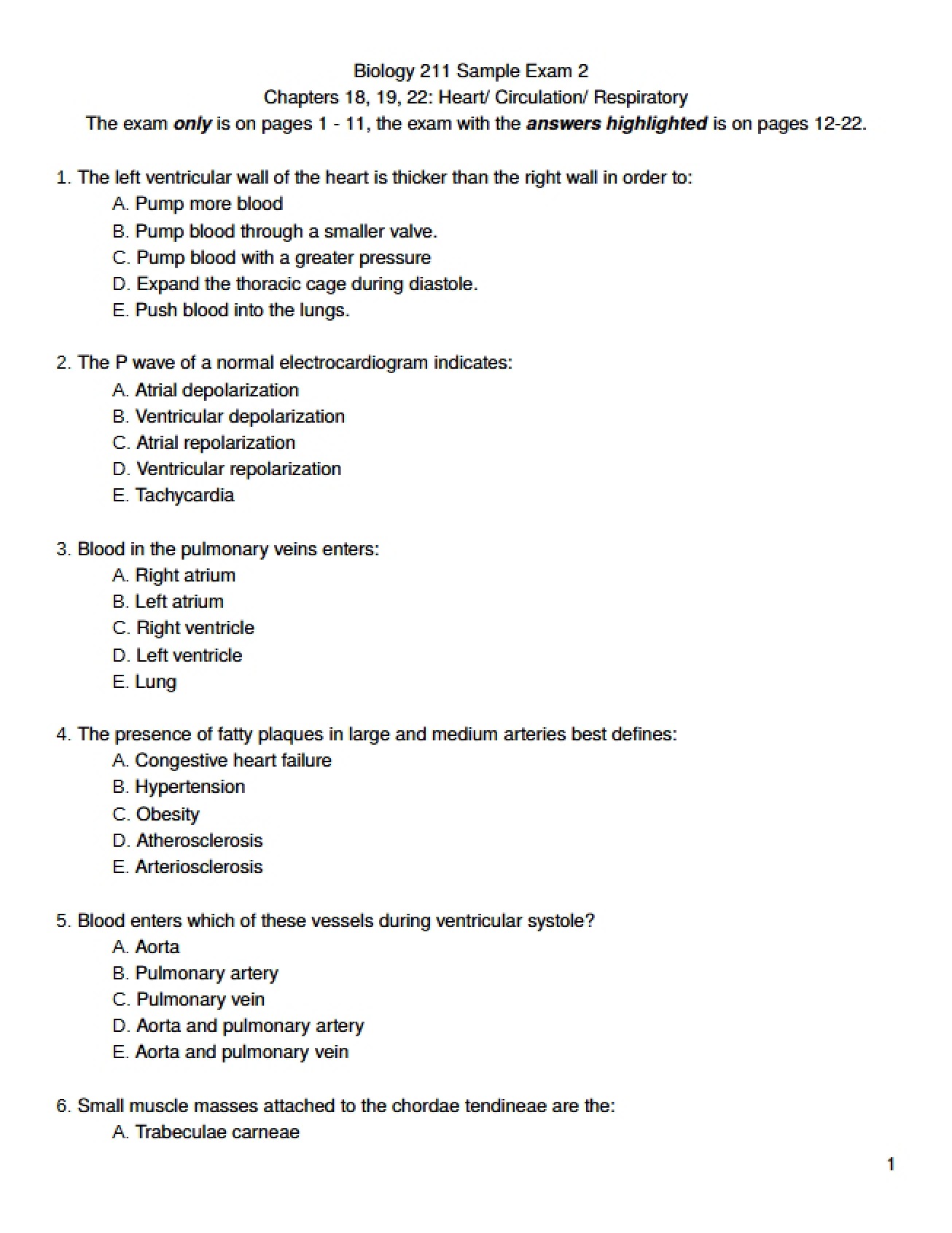 Sample Second Exam for Biology 211