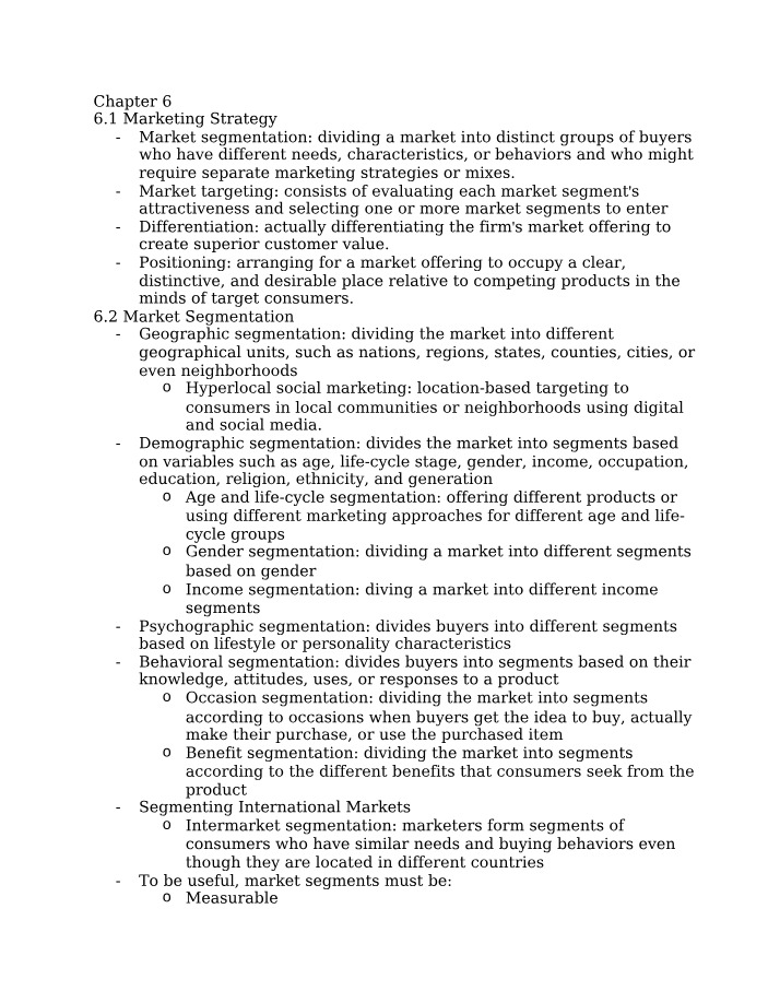 Chapter 6 Notes - Marketing Strategy, Segmentation, Targeting, and Positioning