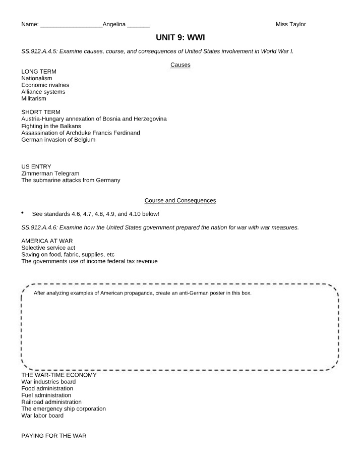 WWI Review Sheet - Unit 9