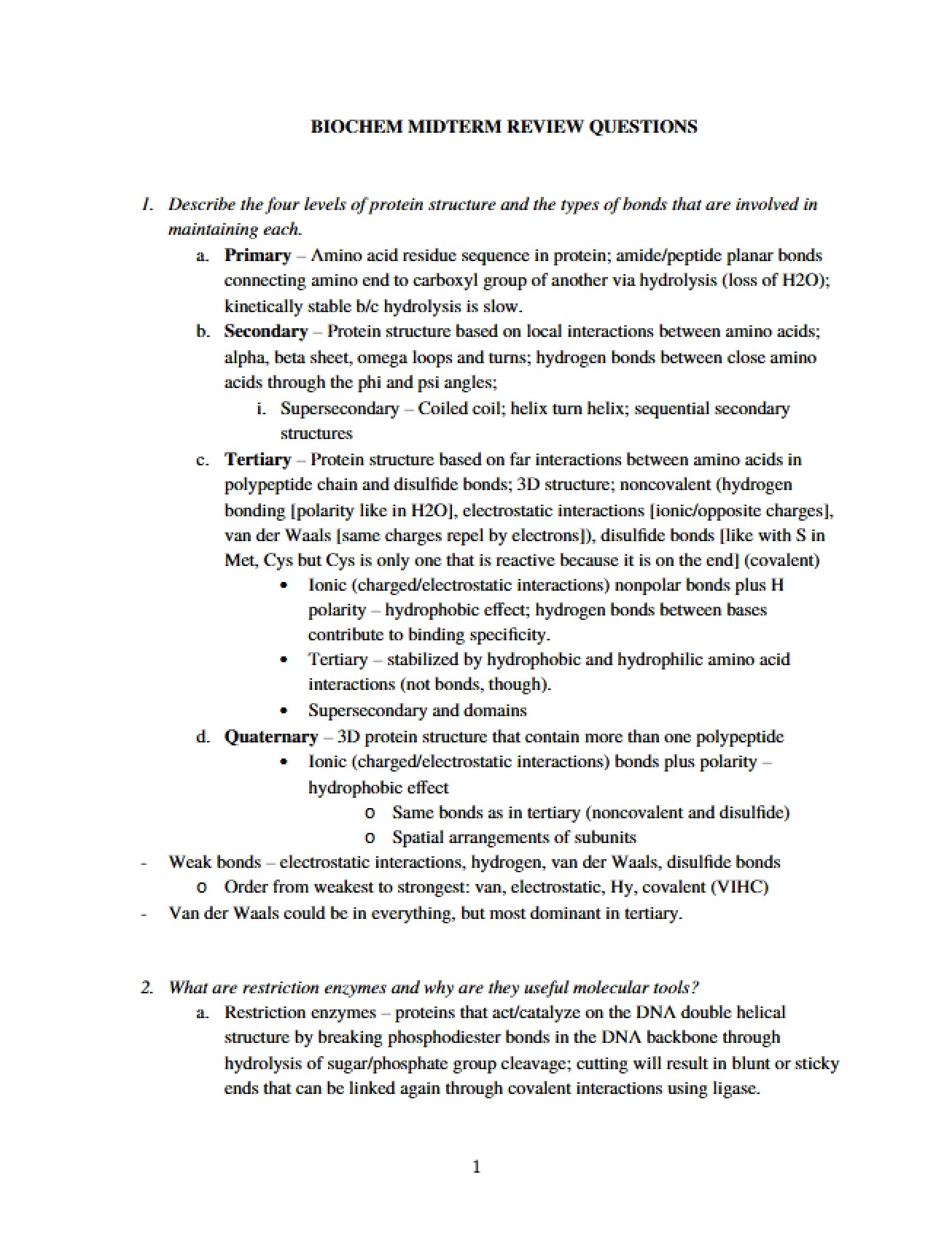 Midterm Review Questions Biochemistry