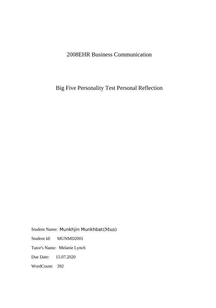 Personal Reflection on the Big Five Personality Test