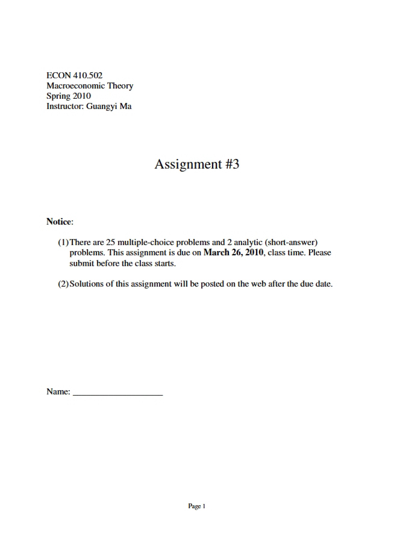 Third Assignment for Macroeconomic Theory
