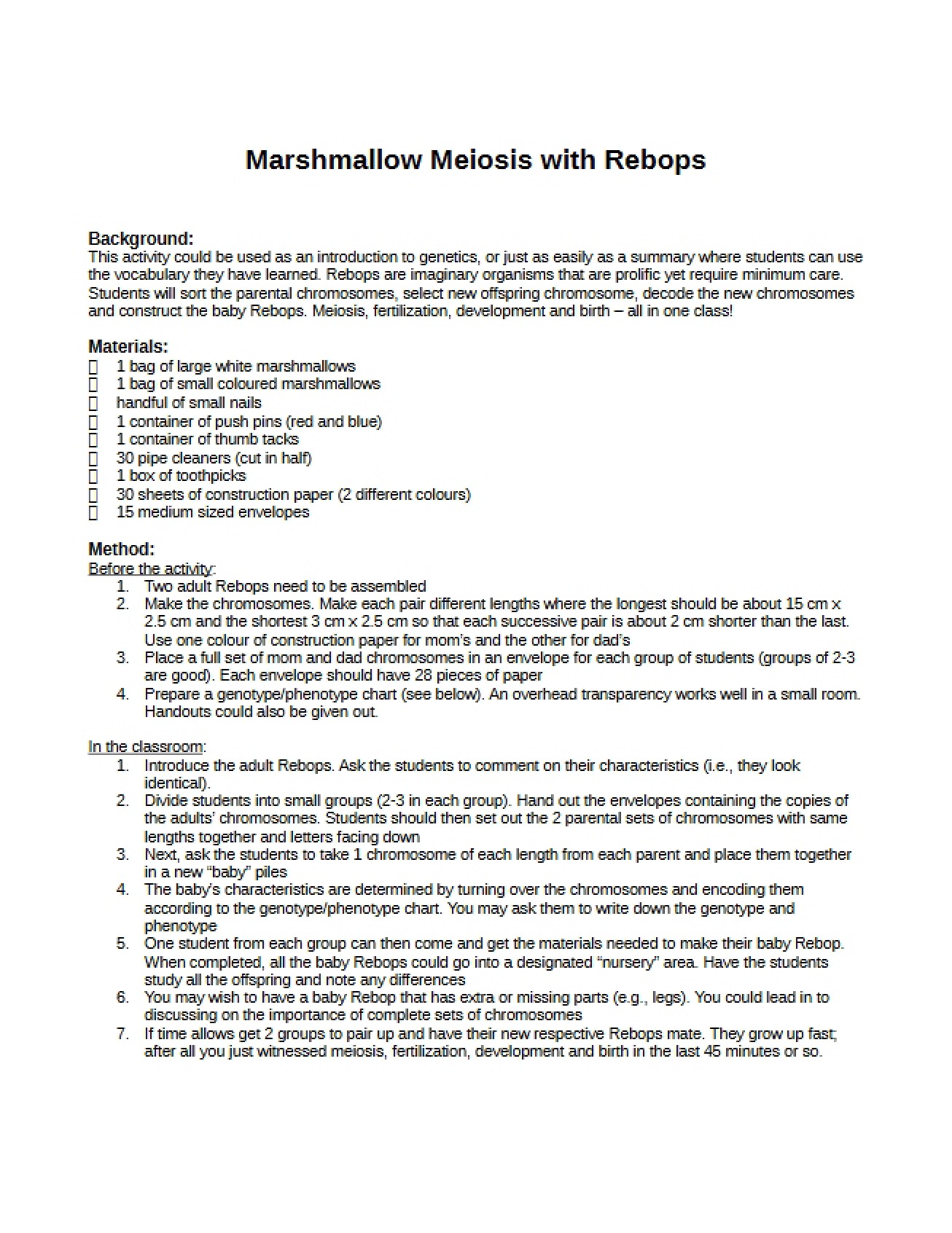 Meiosis with Rebops Marshmallow Model