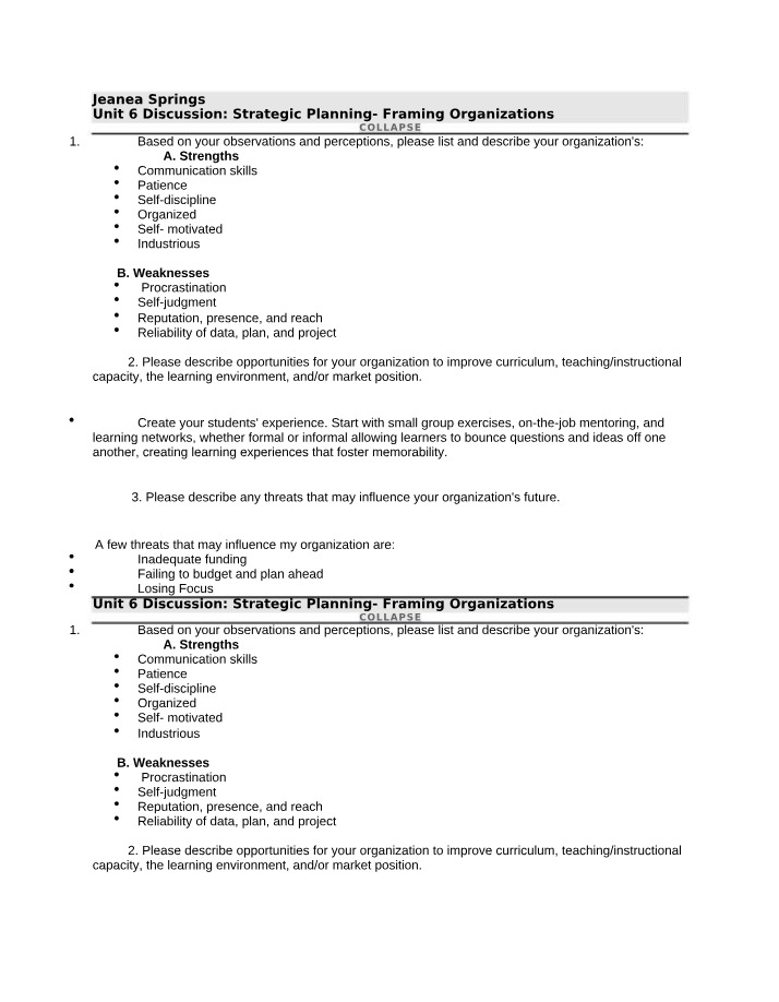 Strategic Planning - Identifying Strengths and Opportunities