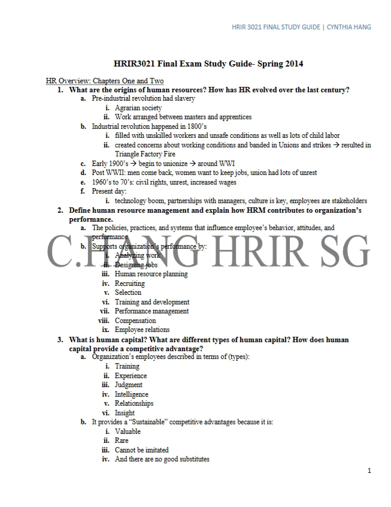 Guide for Final Exam Study