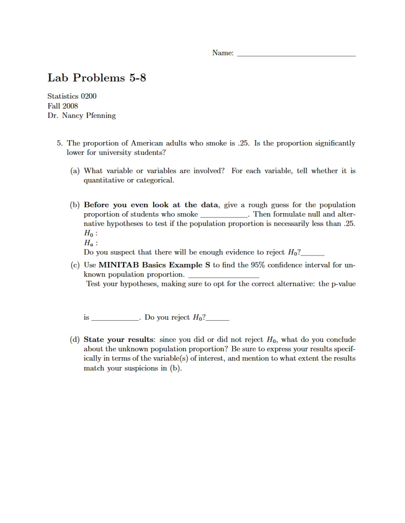 Problems for Statistics Lab