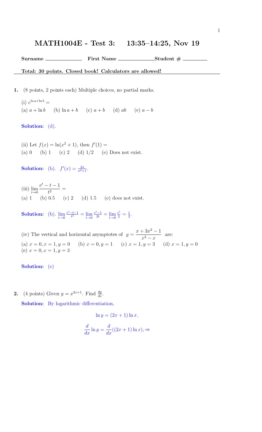 Solutions for Test 3 - MATH1004E