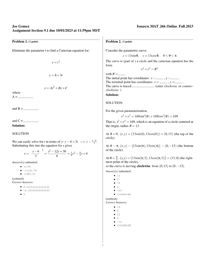 Cartesian Equation for a Parametric Circle