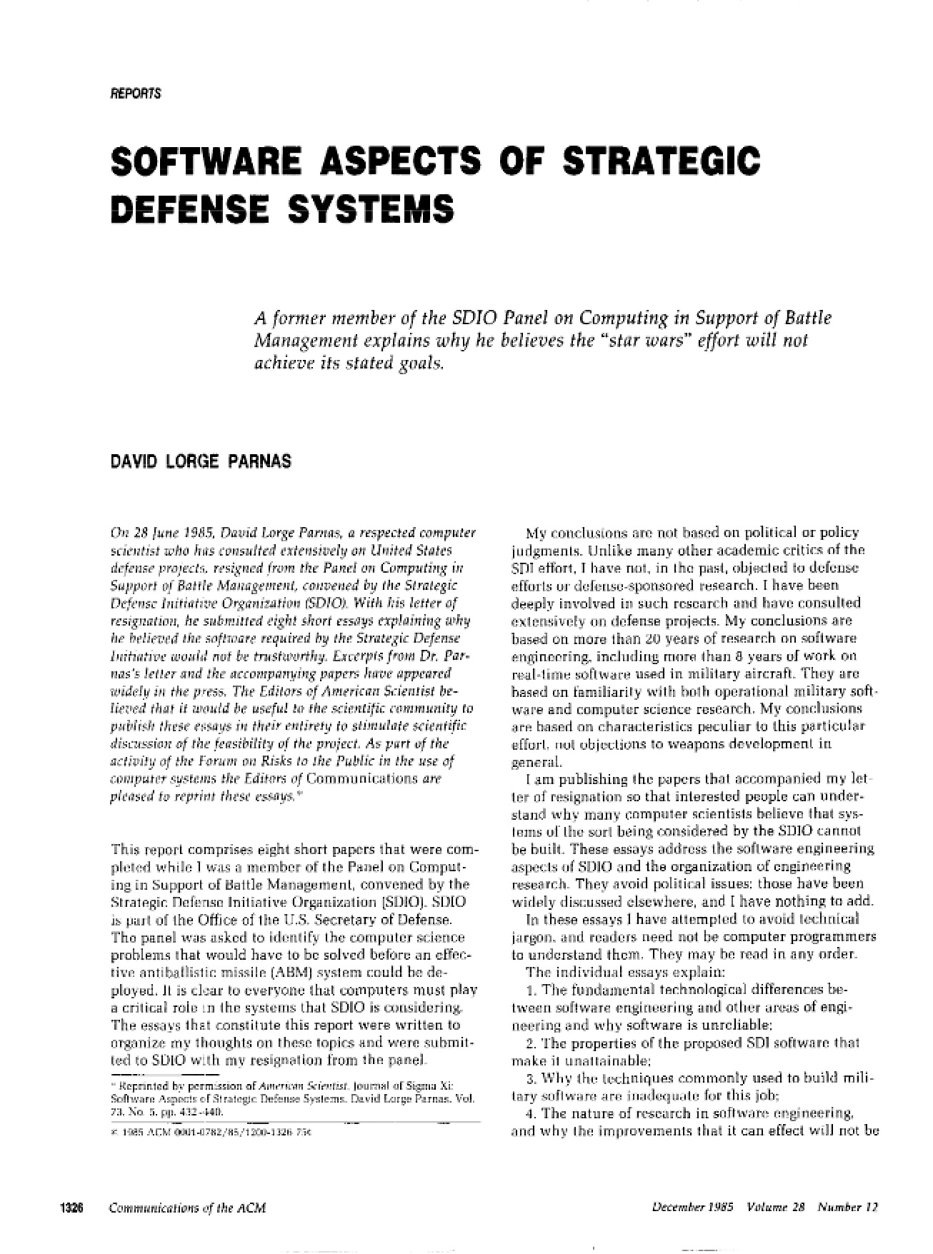 Software Aspects of Strategic Defense Systems - CS 99D