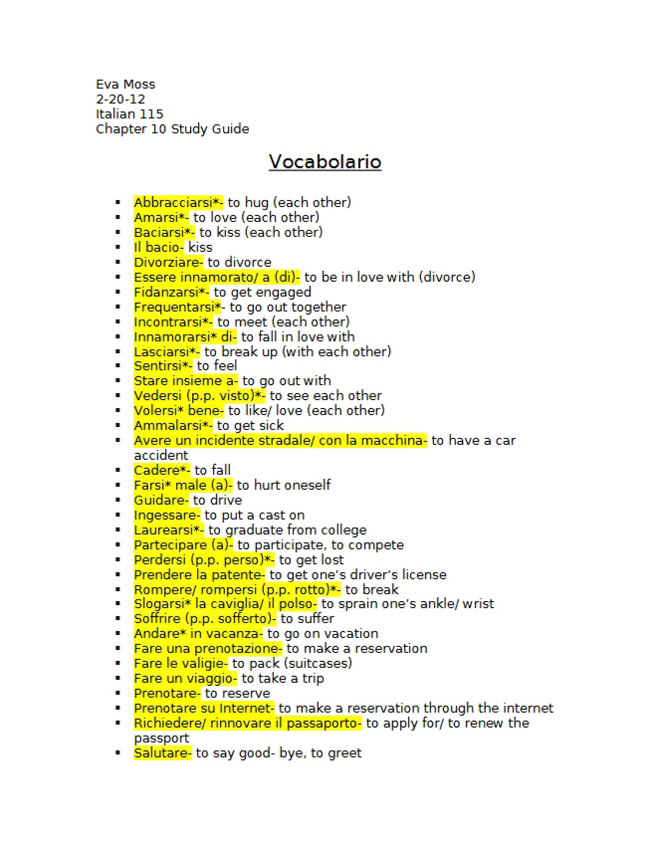 Tenth Chapter Study Guide for Elementary Italian