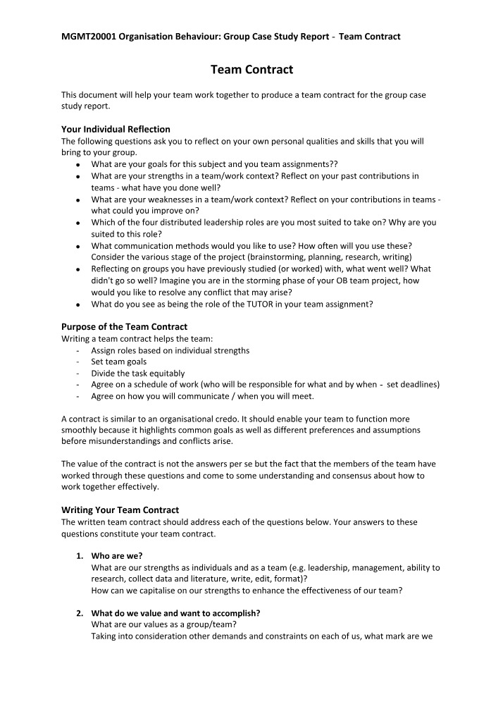 Team Contract for Group Case Study